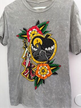 Jack Skellington Designed in Traditional Tattoo Grey Short Sleeve Tee M 38 x28